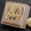 Vintage Rust Steel Zircon Necklace Flat Snake Bone Chain Blade Chain Square Emerald Pendant Necklace Women