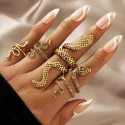 Vintage Long Snake Ring Set For Women Gothic Black Gold Silver Color Adjustable Finger Jewelry Accessories Female Gift