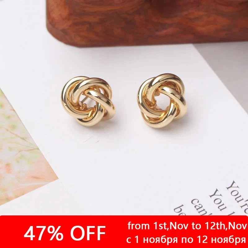Tiny Metal Stud Earrings For Women Gold Color Twist Round Earrings Small Unusual Earrings - Image 2