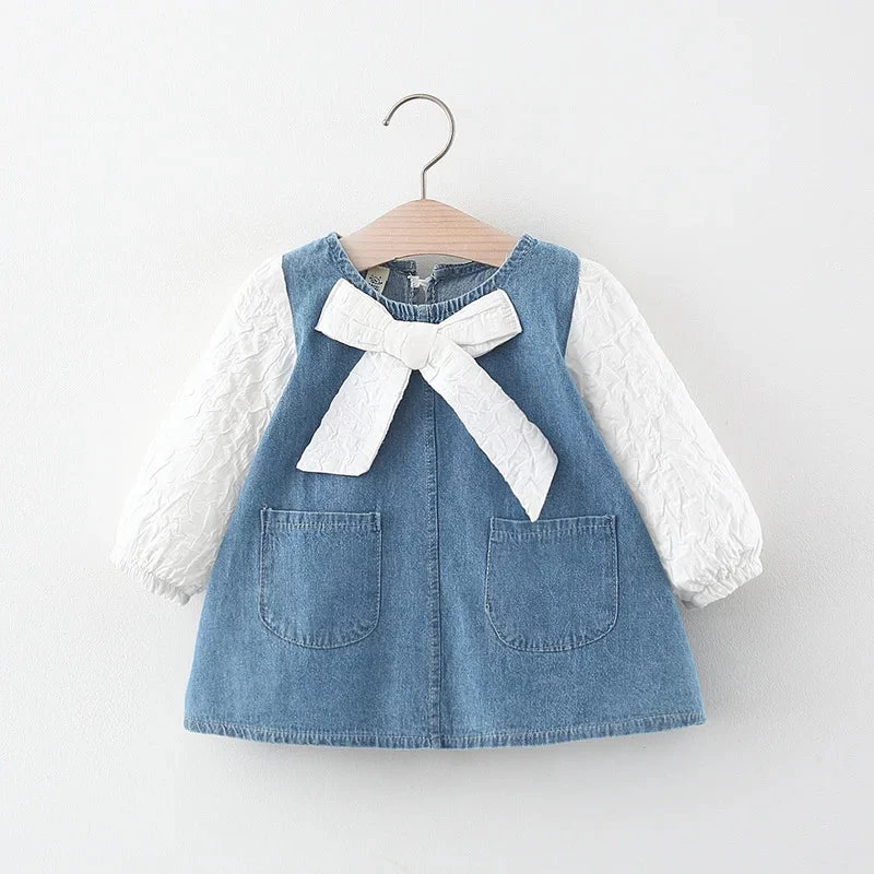 Newborn Baby Girls Spring Fall Clothes Outfits Bow Denim Dress Costume For Toddler Baby Girl Cloth 1 Year Birthday Dresses Dress