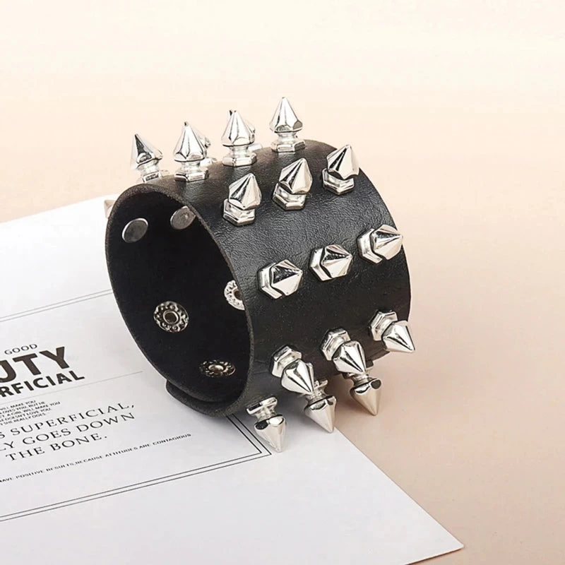 Punk Bracelet For Men Women - Goth Black Leather Wristband With Metal Spike Studded- Spike Rivets Cuff Bangle Adjustable - Image 5