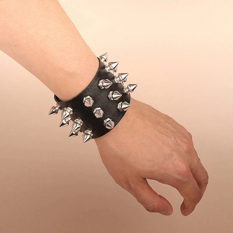 Punk Bracelet For Men Women - Goth Black Leather Wristband With Metal Spike Studded- Spike Rivets Cuff Bangle Adjustable - Image 4
