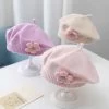 Flower Baby Beret Hat Solid Color Winter Warm Knitted Beanie Cap For Infant Girl Korean Toddler Princess Artist Painter Cap