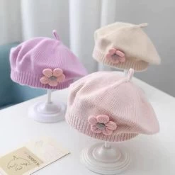 Flower Baby Beret Hat Solid Color Winter Warm Knitted Beanie Cap For Infant Girl Korean Toddler Princess Artist Painter Cap