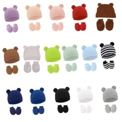 Newborn Cotton Hospital Hat Mittens Baby Beanie Solid Infant Baby Hats With Ear & No Scratch Mitten Soft Gloves Gift