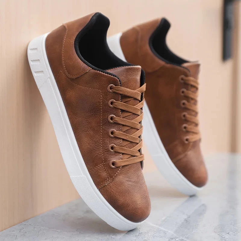 Classic Men Leather Shoes Thick-soled Casual Sneakers Trendy Lace-up Walking Shoes Spring Anti-slip Comfortable Vulcanized Shoes - Image 3