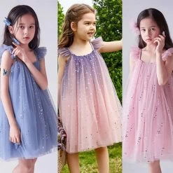Suspends Sequin Dress Girl Summer Sleeveless Tulle Princess Dress Children Vacation Holiday Casual Dress