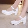 Shallow Crystal White Wedding Shoes Bride Platform Pumps Med Block Heels Mary Janes Office