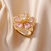 Pink Zircon Flower Rings For Women Gold Color Stainless Steel Ring Elegant Luxury Aesthetic Jewelry
