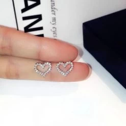 Silver Color Heart Bling Zircon Stone Stud Earrings Women Jewelry