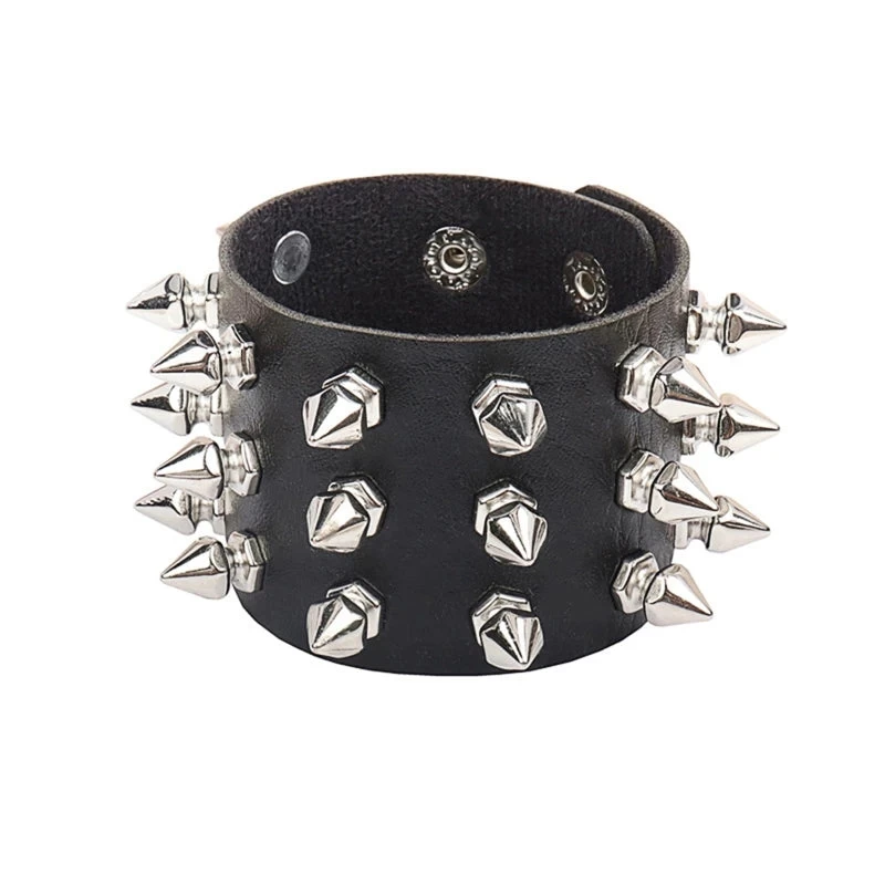 Punk Bracelet For Men Women - Goth Black Leather Wristband With Metal Spike Studded- Spike Rivets Cuff Bangle Adjustable - Image 7