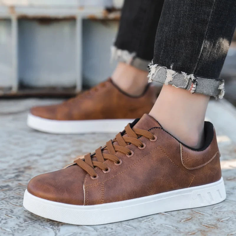 Classic Men Leather Shoes Thick-soled Casual Sneakers Trendy Lace-up Walking Shoes Spring Anti-slip Comfortable Vulcanized Shoes - Image 5