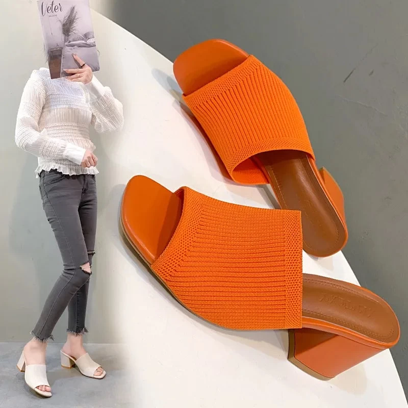 Flyknit High Heel Sandals Women Knitted Breathable Thick Heel Women Slippers Open Toe Fashion Sandals - Image 2