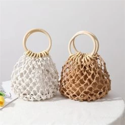 Summer Straw Woven Beach Bag Hollow Fishnet Handbag Women Shoulder Bags Rattan Ladies Purses Fashion Wrist Pack Bucket Tote