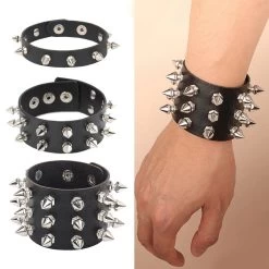Punk Bracelet For Men Women - Goth Black Leather Wristband With Metal Spike Studded- Spike Rivets Cuff Bangle Adjustable