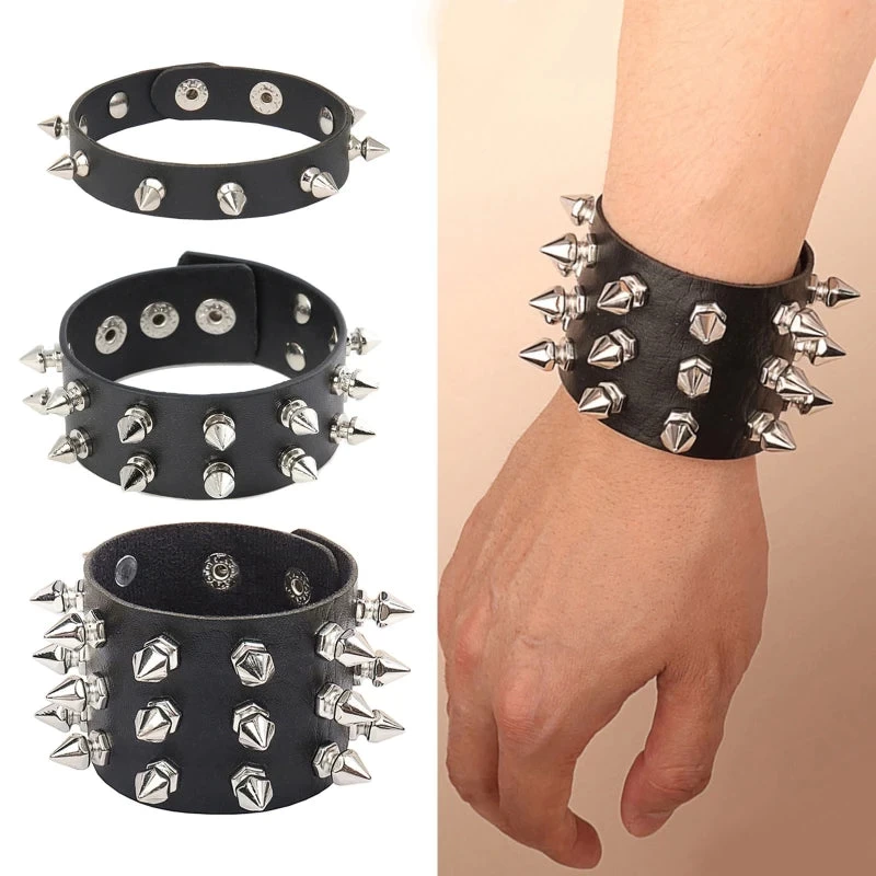Punk Bracelet For Men Women - Goth Black Leather Wristband With Metal Spike Studded- Spike Rivets Cuff Bangle Adjustable