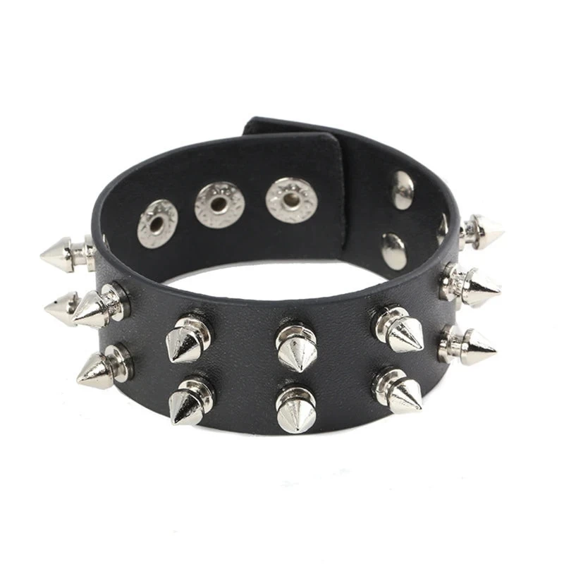 Punk Bracelet For Men Women - Goth Black Leather Wristband With Metal Spike Studded- Spike Rivets Cuff Bangle Adjustable - Image 2