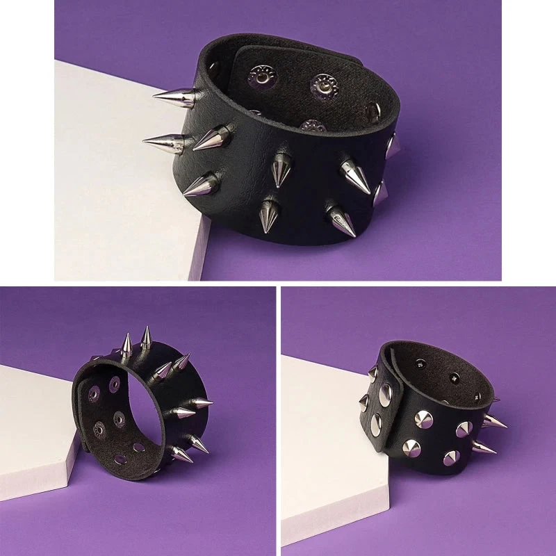 Punk Bracelet For Men Women - Goth Black Leather Wristband With Metal Spike Studded- Spike Rivets Cuff Bangle Adjustable - Image 3