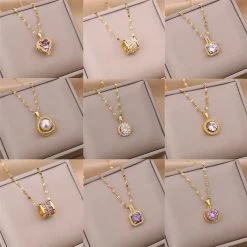 Zircon Crystal Pendant Clavicle Chain Necklace For Women Stainless Steel Jewelry Female Wedding Party Accessorie