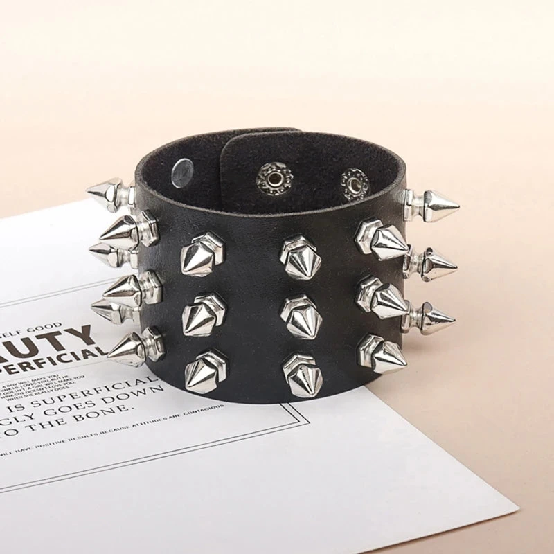 Punk Bracelet For Men Women - Goth Black Leather Wristband With Metal Spike Studded- Spike Rivets Cuff Bangle Adjustable - Image 6