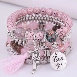 Bohemian Multicolor Pink Crystal Beads Bracelets Women Girls Elastic Tassel Wing Letters Rope Bracelet
