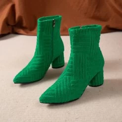 Women's Ankle Boots Green Pointed Roman Boots Denim Square Heel Side Zipper Sexy