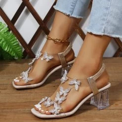 Woman Elastic Rhinestones Sandals Elegant Designer Female Pvc Fashion Comfortable Medium Block High Heels Party Shoe Summer