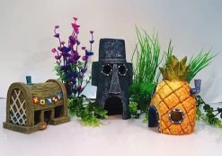Spongebob Aquarium Decoration Fish Tank Ornaments Set Of 3 Pineapple House & Squidward Easter Island & Krusty Krab