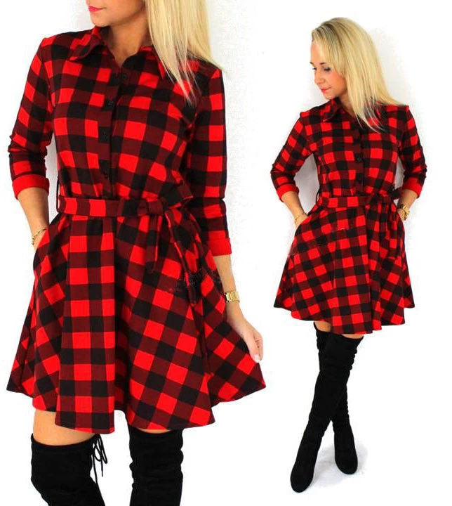 Leisure Vintage Dresses Autumn Fall Women Plaid Check Print Spring Casual Shirt Dress Mini Q0035 - Image 3