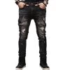 High Quality Mens Ripped Biker Jeans 100% Cotton Black Slim Fit Motorcycle Jeans Men Vintage Distressed Denim Jeans Pants Q1566