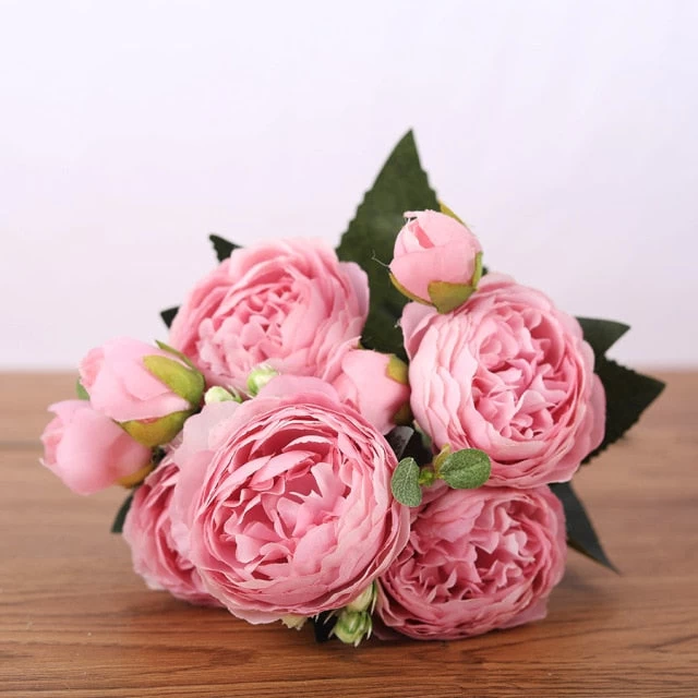 30cm Rose Pink Silk Bouquet Peony Artificial Flowers 5 Big Heads 4 Small Bud Bride Wedding Home Decoration Fake Flowers Faux - Image 9