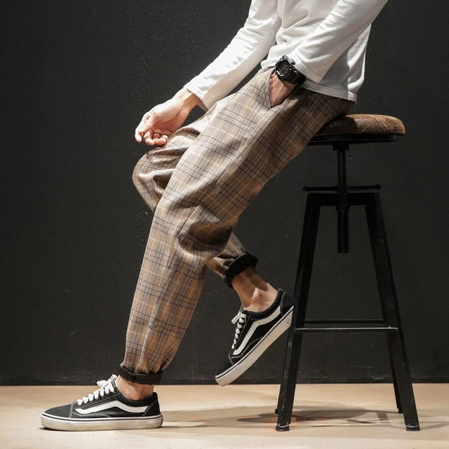 Japanese Streerwear Men Plaid Pants Slim Man Casual Trousers Korean Male Harem Pants - Image 6
