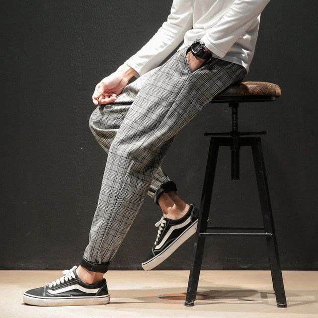 Japanese Streerwear Men Plaid Pants Slim Man Casual Trousers Korean Male Harem Pants - Image 3