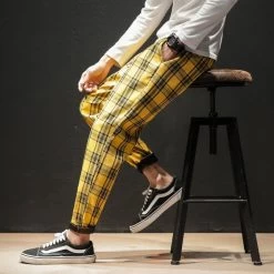 Japanese Streerwear Men Plaid Pants Slim Man Casual Trousers Korean Male Harem Pants