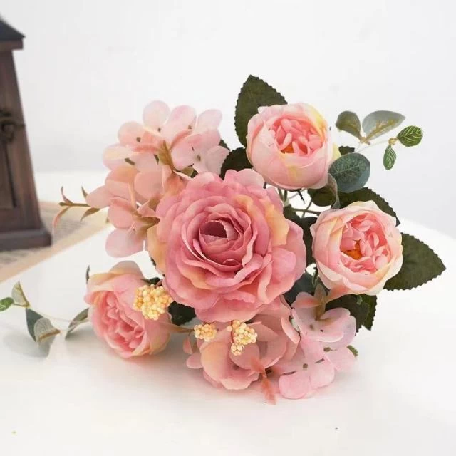 Artificial Flowers Retro Silk Rose Bouquet Hydrangea Peony Vintage Bride Holding Fake Plants Home Wedding Decoration Accessories - Image 5