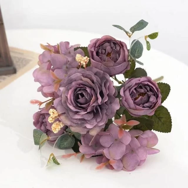 Artificial Flowers Retro Silk Rose Bouquet Hydrangea Peony Vintage Bride Holding Fake Plants Home Wedding Decoration Accessories - Image 6
