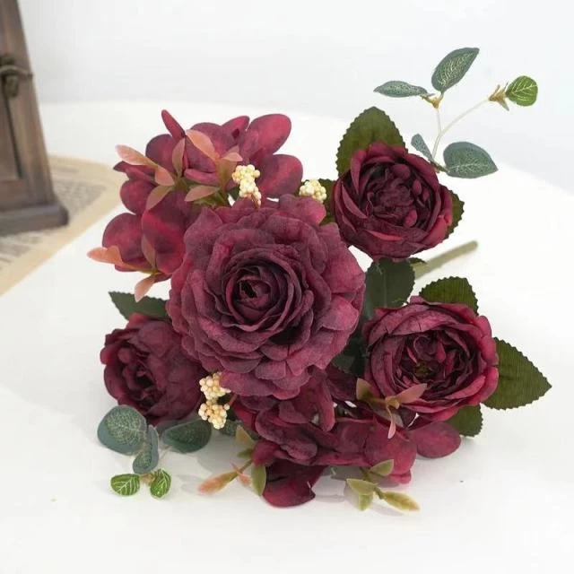Artificial Flowers Retro Silk Rose Bouquet Hydrangea Peony Vintage Bride Holding Fake Plants Home Wedding Decoration Accessories - Image 3