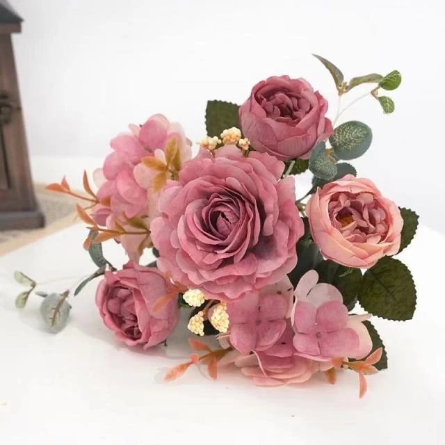 Artificial Flowers Retro Silk Rose Bouquet Hydrangea Peony Vintage Bride Holding Fake Plants Home Wedding Decoration Accessories - Image 2
