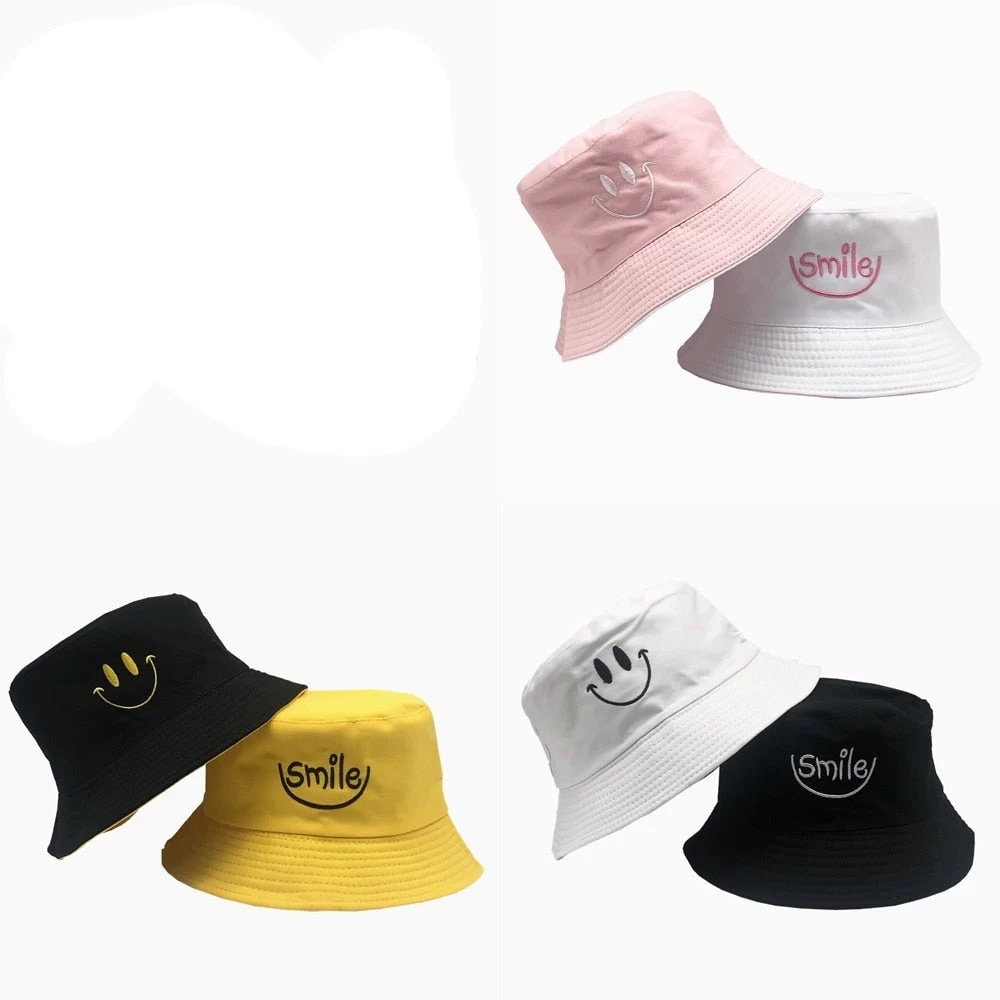 SMILE Bucket Hat Double Sided Bucket Hat Smiling Face Unisex Fashion Bob Cap Hip Hop Gorro Men Summer Cap