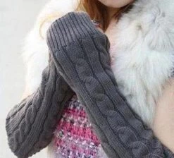 Women's Men's Long Knitted Crochet Fingerless Braided Arm Warmer Gloves 1T58
