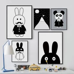 Modern Minimalist Nordic Black White Kawaii Animals A4 Large Art Prints Poster Kids Room Home Decor Wall Picture Canvas Painting Unframed