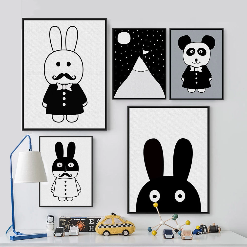 Modern Minimalist Nordic Black White Kawaii Animals A4 Large Art Prints Poster Kids Room Home Decor Wall Picture Canvas Painting Unframed