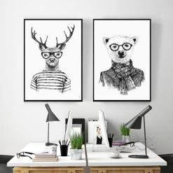 Hand Draw Animals Canvas Art Print Poster, Deer And Polar Bear Set Wall Pictures For Home Decoration, Giclee Wall Decor DE009