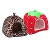 Pet Cat House Foldable Soft Winter Leopard Dog Bed Strawberry Cave Dog House Cute Kennel Nest Dog Fleece Cat Bed