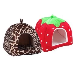 Pet Cat House Foldable Soft Winter Leopard Dog Bed Strawberry Cave Dog House Cute Kennel Nest Dog Fleece Cat Bed