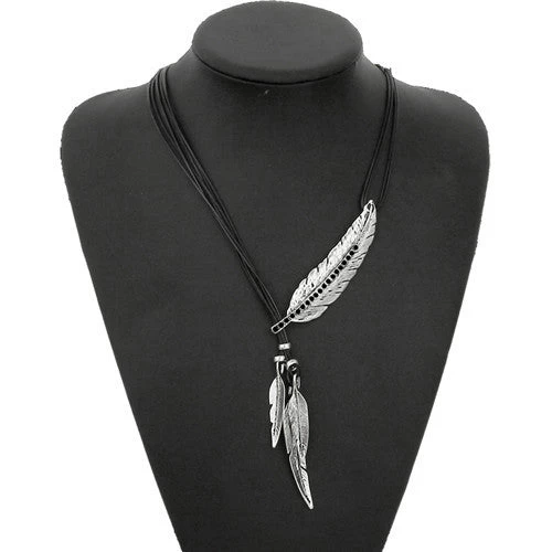 Fashion Bohemian Style Black Rope Chain Feather Pattern Pendant Necklace For Women Fine Jewelry Collares Statement Necklace - Image 5