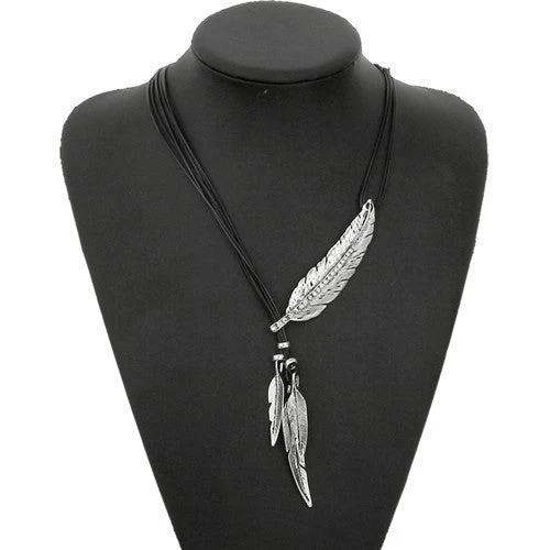 Fashion Bohemian Style Black Rope Chain Feather Pattern Pendant Necklace For Women Fine Jewelry Collares Statement Necklace - Image 2