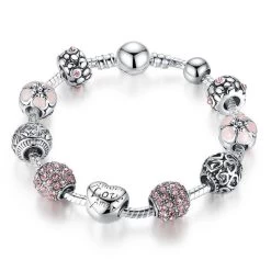 Antique 925 Silver Charm Fit Pan Bangle & Bracelet With Love And Flower Crystal Ball For Women Wedding PA1455