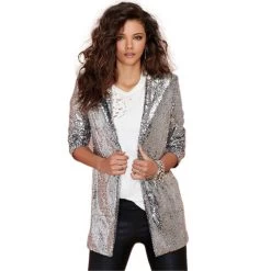Autumn Fashion Women Silver Sequined Coats Turn-down Collar Long Sleeve Outwears Cardigan Jackets