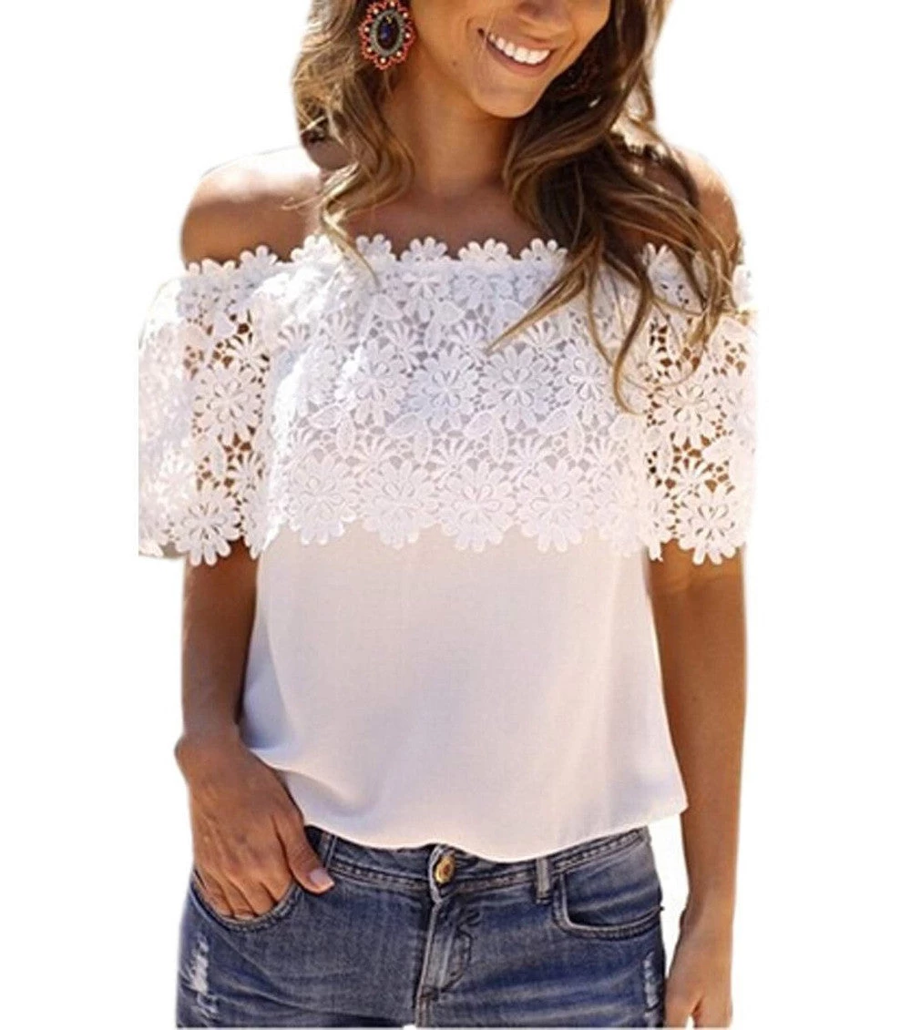 Summer Style Women Sexy Tops Casual Off Shoulder Blouse Chiffon Lace Floral Blouse Solid Shirts